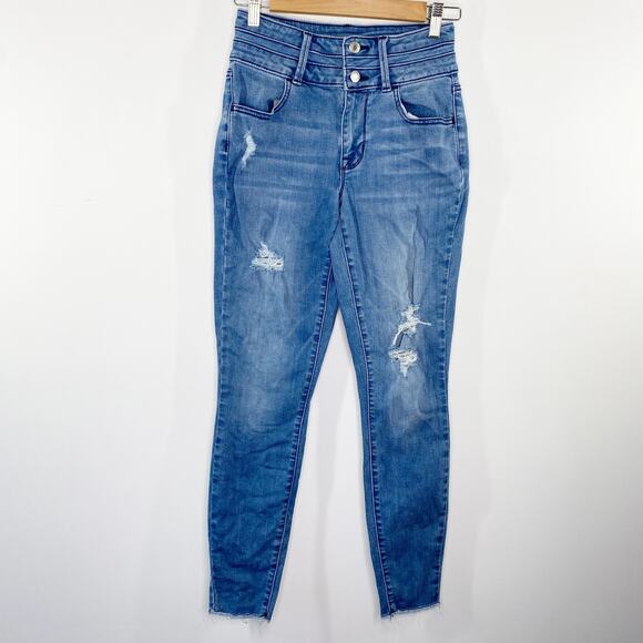 Maurices Super High Rise Distressed Double Button Skinny Denim Jeans Size XS - Picture 1 of 8